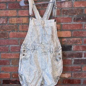 Free People Striped Denim Short Overalls in White and Blue